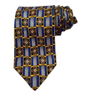 VTG Ermenegildo Zegna Point Necktie Blue Gold Geometric Squares Formal Business